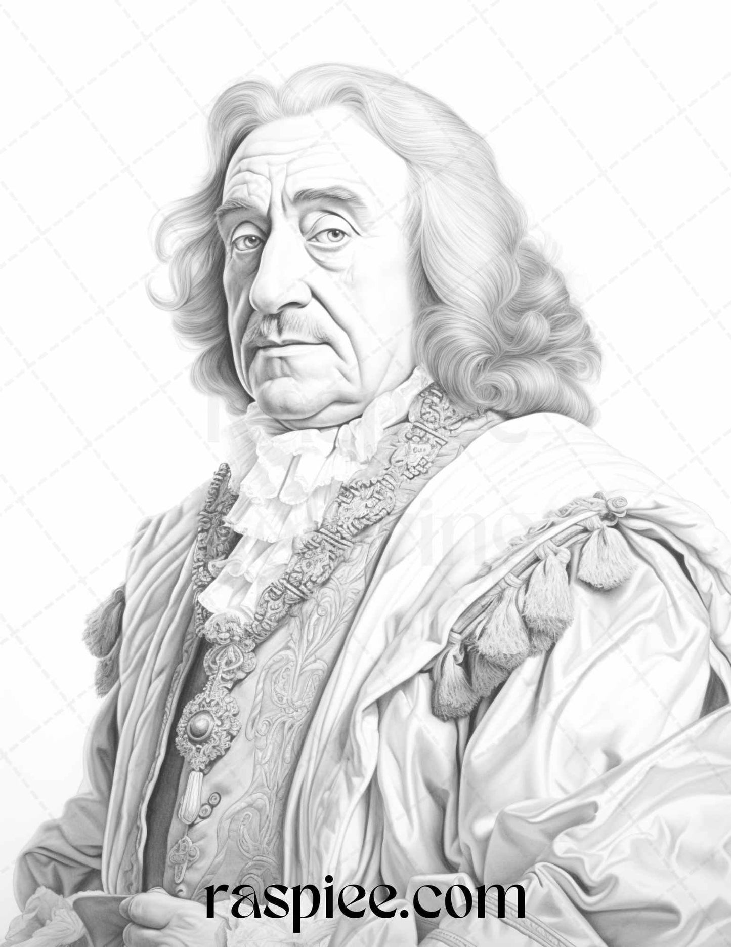 50 Baroque Man Portrait Grayscale Graysale Coloring Pages Printable for Adults, PDF File Instant Download