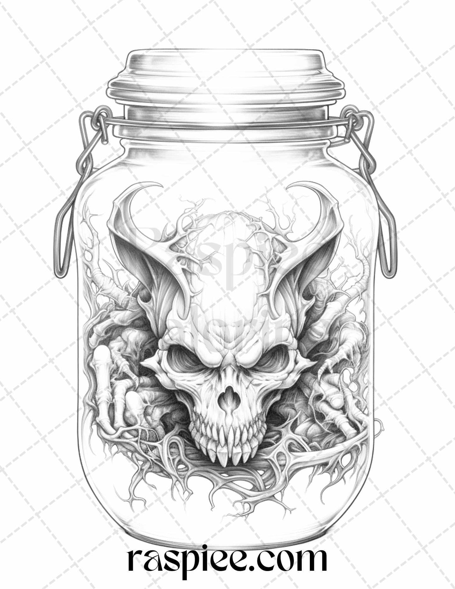 40 Halloween in Jar Grayscale Coloring Pages for Adults, Printable PDF File Instant Download