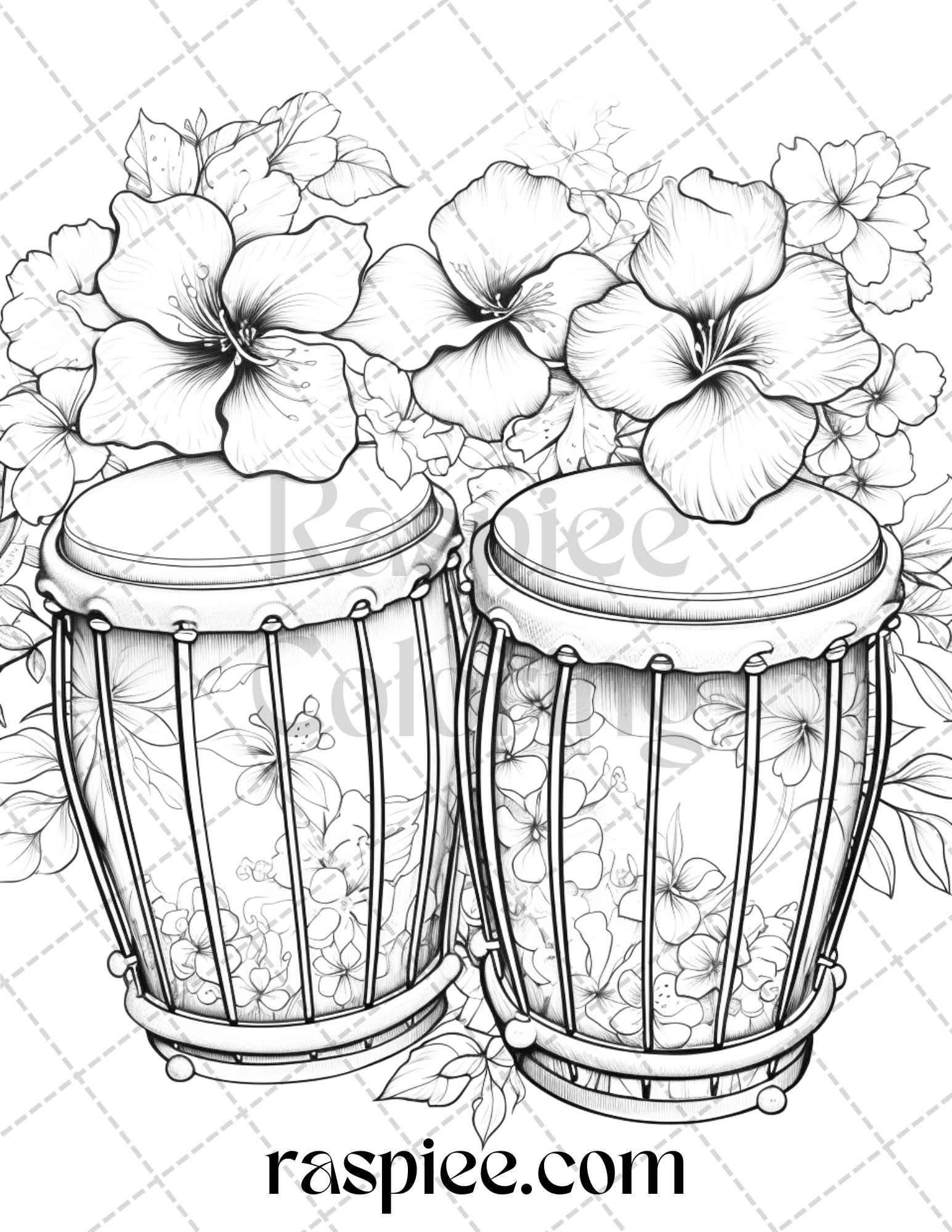 30 Musical Instrument Flower Grayscale Coloring Pages Printable for Adults, PDF File Instant Download