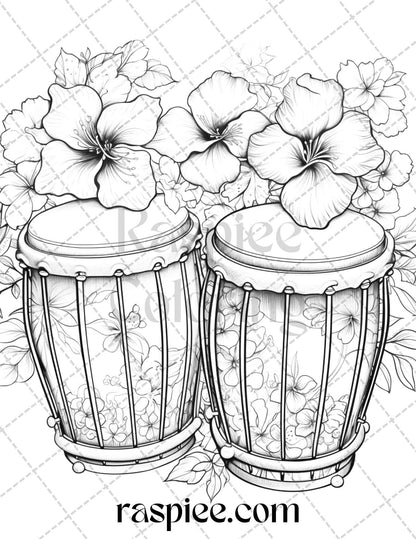 30 Musical Instrument Flower Grayscale Coloring Pages Printable for Adults, PDF File Instant Download