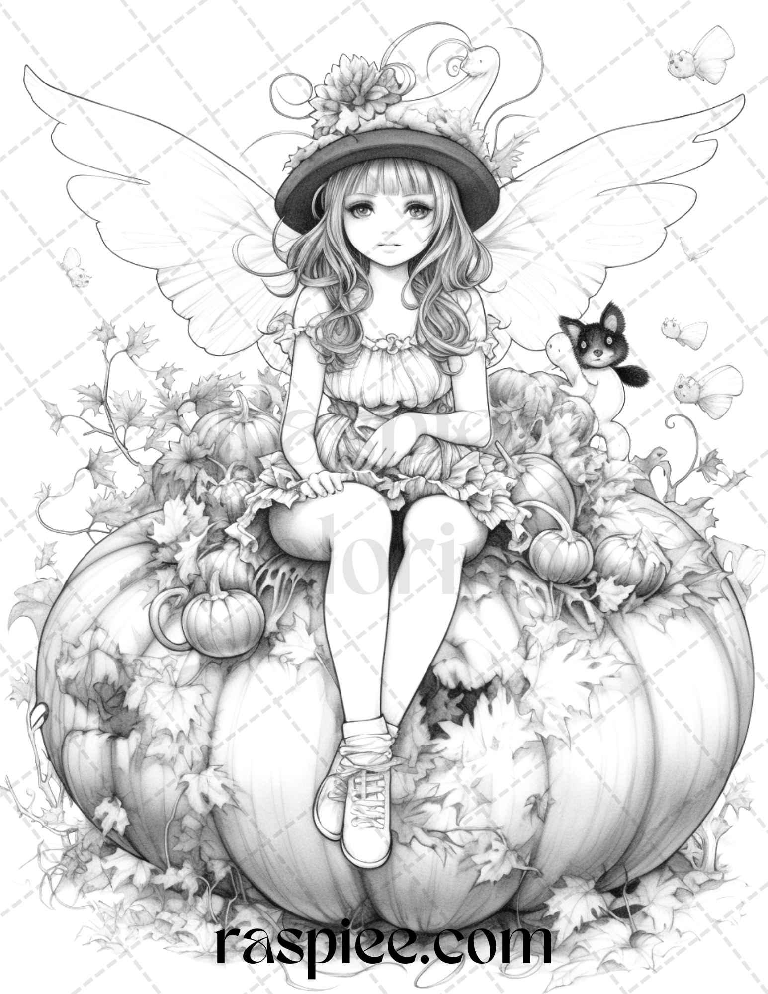 40 Pumpkin Fairy Girls Grayscale Coloring Pages Printable for Adults, PDF File Instant Download