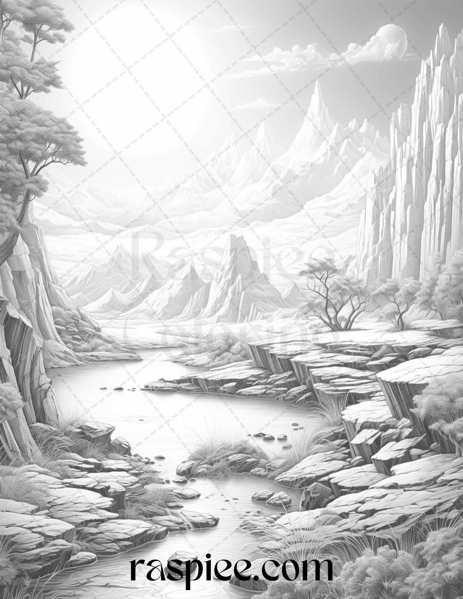 40 Fantasy Landscapes Grayscale Coloring Pages Printable for Adults, PDF File Instant Download