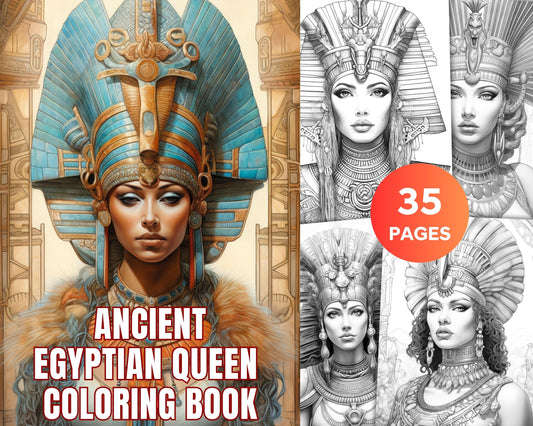 35 Ancient Egyptian Queens Coloring Book Printable for Adults, Grayscale Coloring Page, PDF File Instant Download