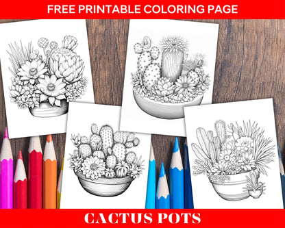 4 Free Printable Cactus Pots Coloring Pages for Adults, Grayscale Coloring Pages, PDF File Instant Download