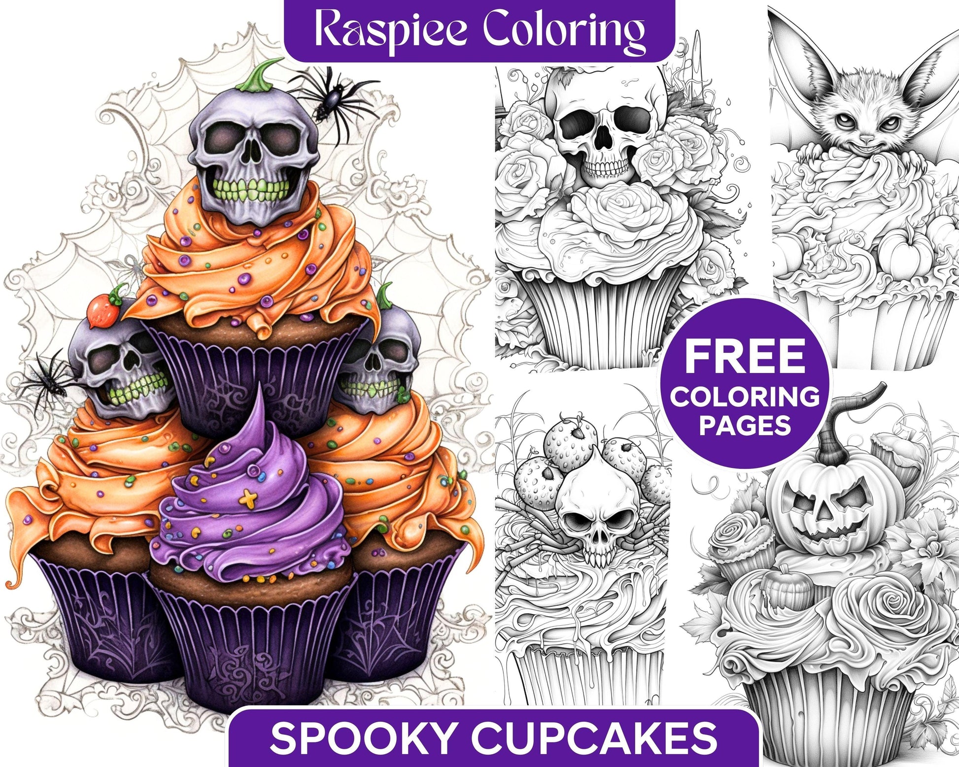 Free Halloween Spooky Cupcakes Grayscale Coloring Pages Printable for Adults Kids, PDF File Instant Download