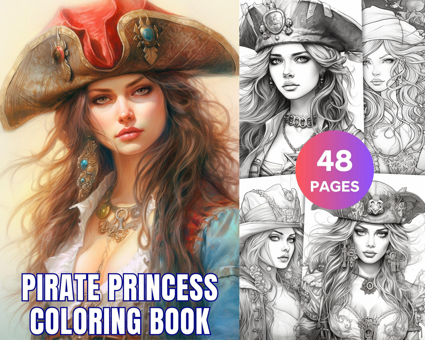 48 Beautiful Pirate Princess Coloring Book Printable for Adults, Grayscale Coloring Page, PDF File Instant Download